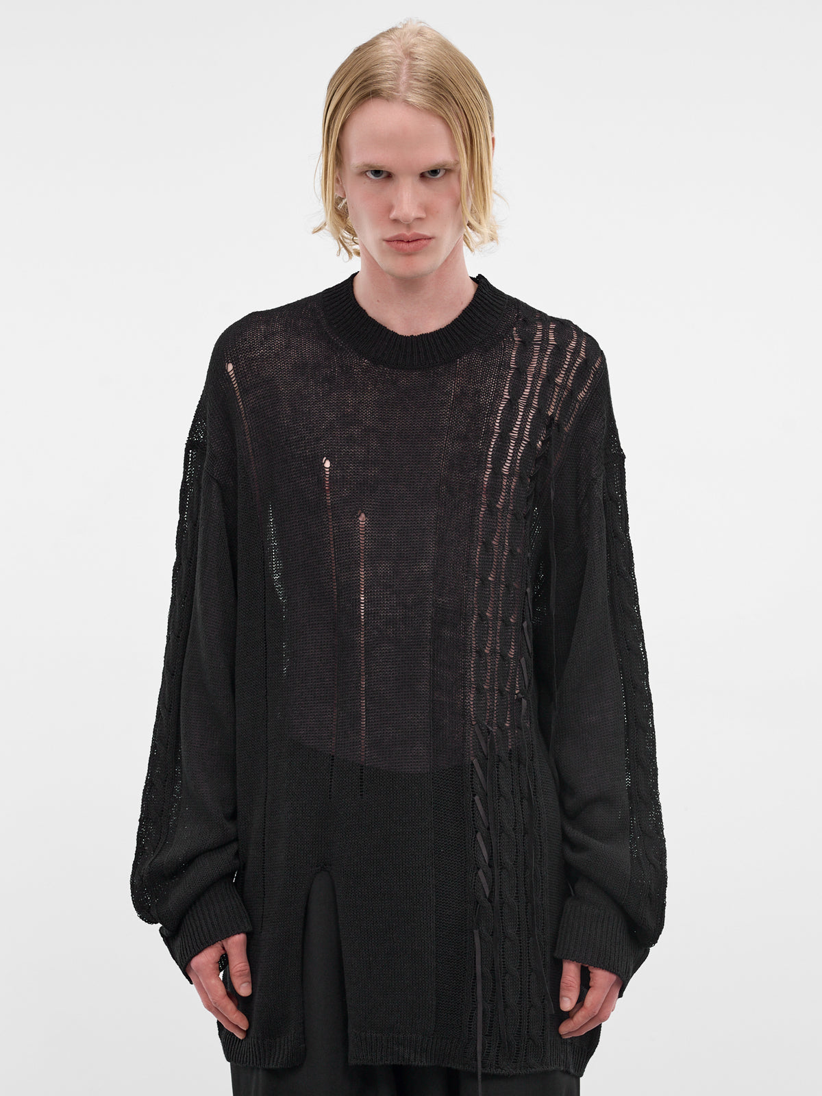 Black Distressed Linen-Cotton Sweater (HK-K08-374-1-BLACK)
