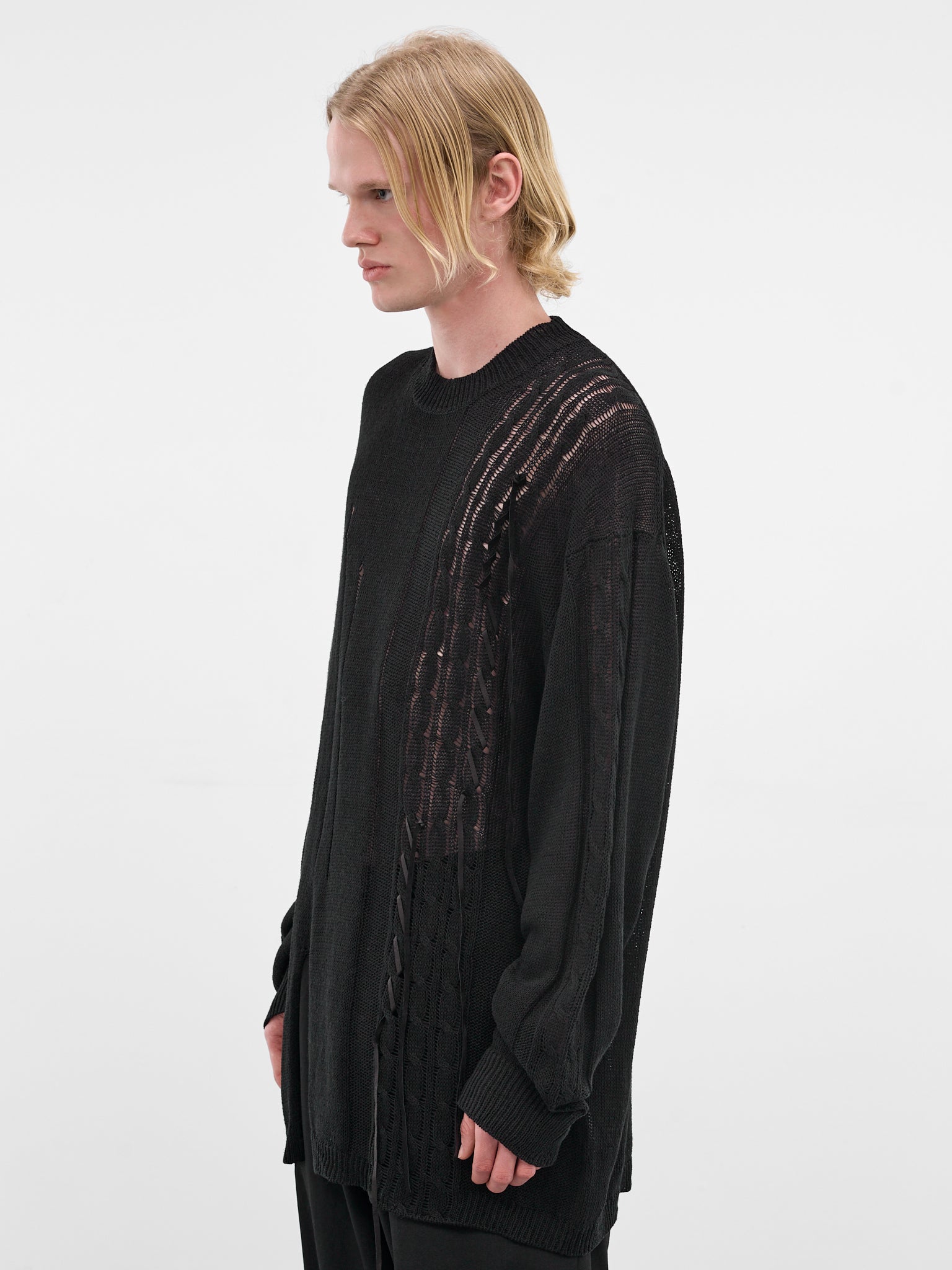 Black Distressed Linen-Cotton Sweater (HK-K08-374-1-BLACK)