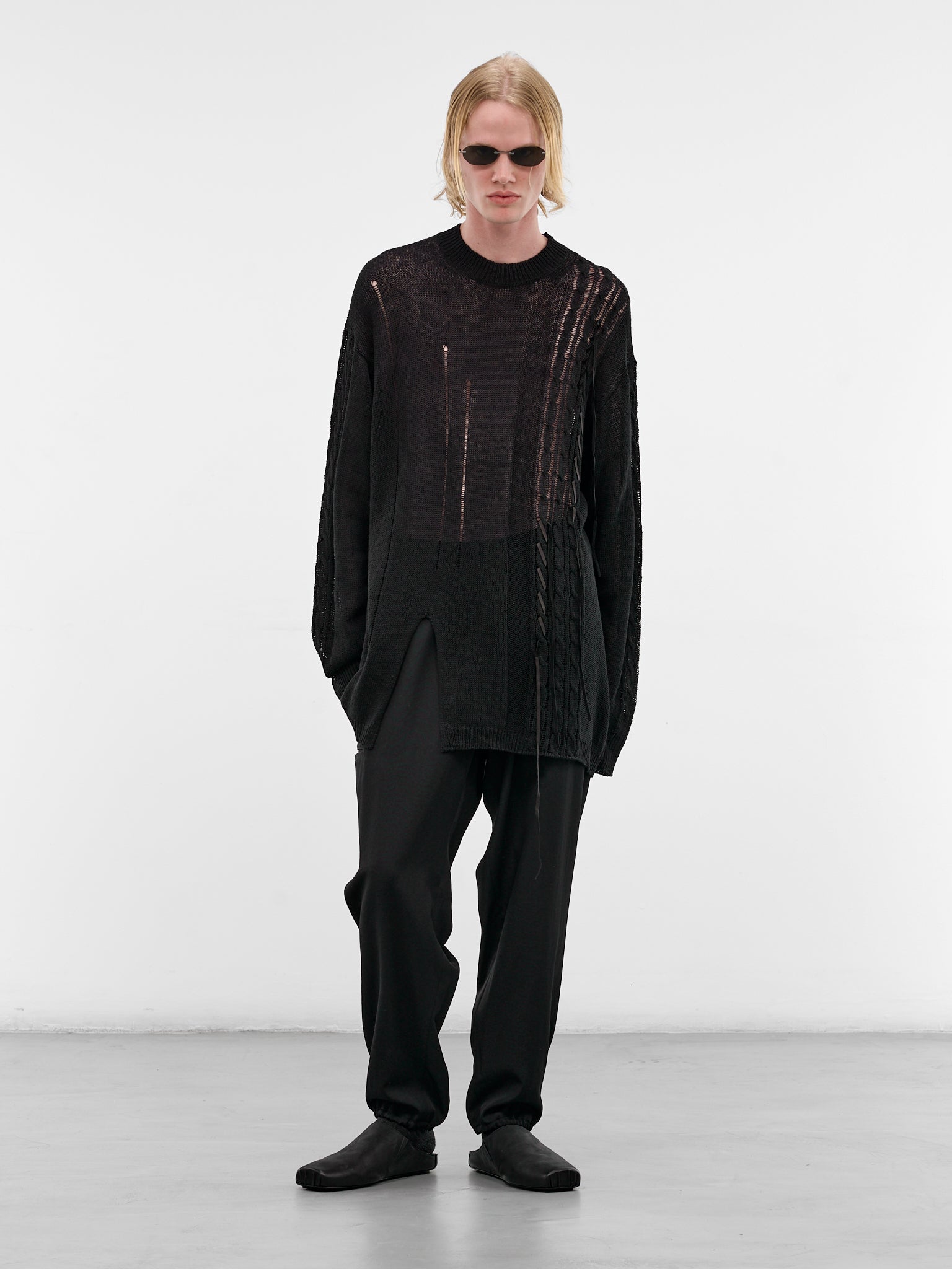 Black Distressed Linen-Cotton Sweater (HK-K08-374-1-BLACK)