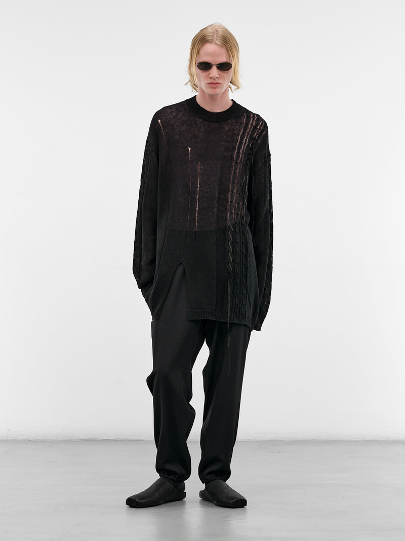 Black Distressed Linen-Cotton Sweater (HK-K08-374-1-BLACK)