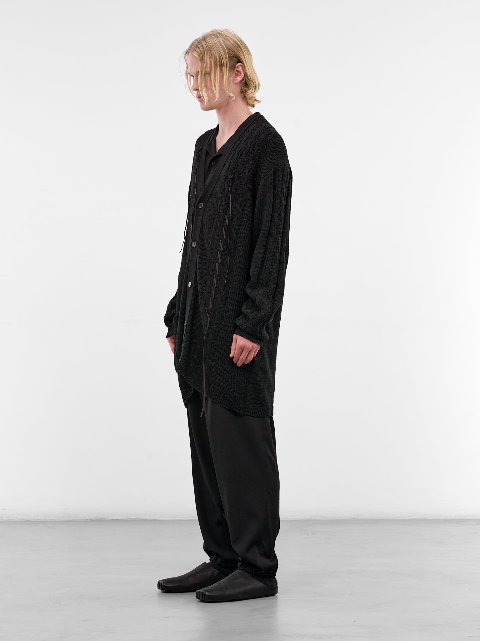 Black Laced Linen-Cotton Cardigan (HK-K375-374-1-BLACK