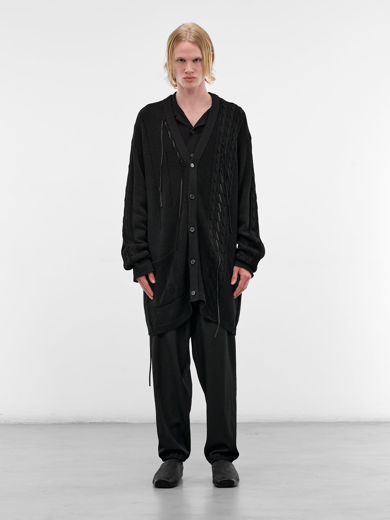Black Laced Linen-Cotton Cardigan (HK-K375-374-1-BLACK