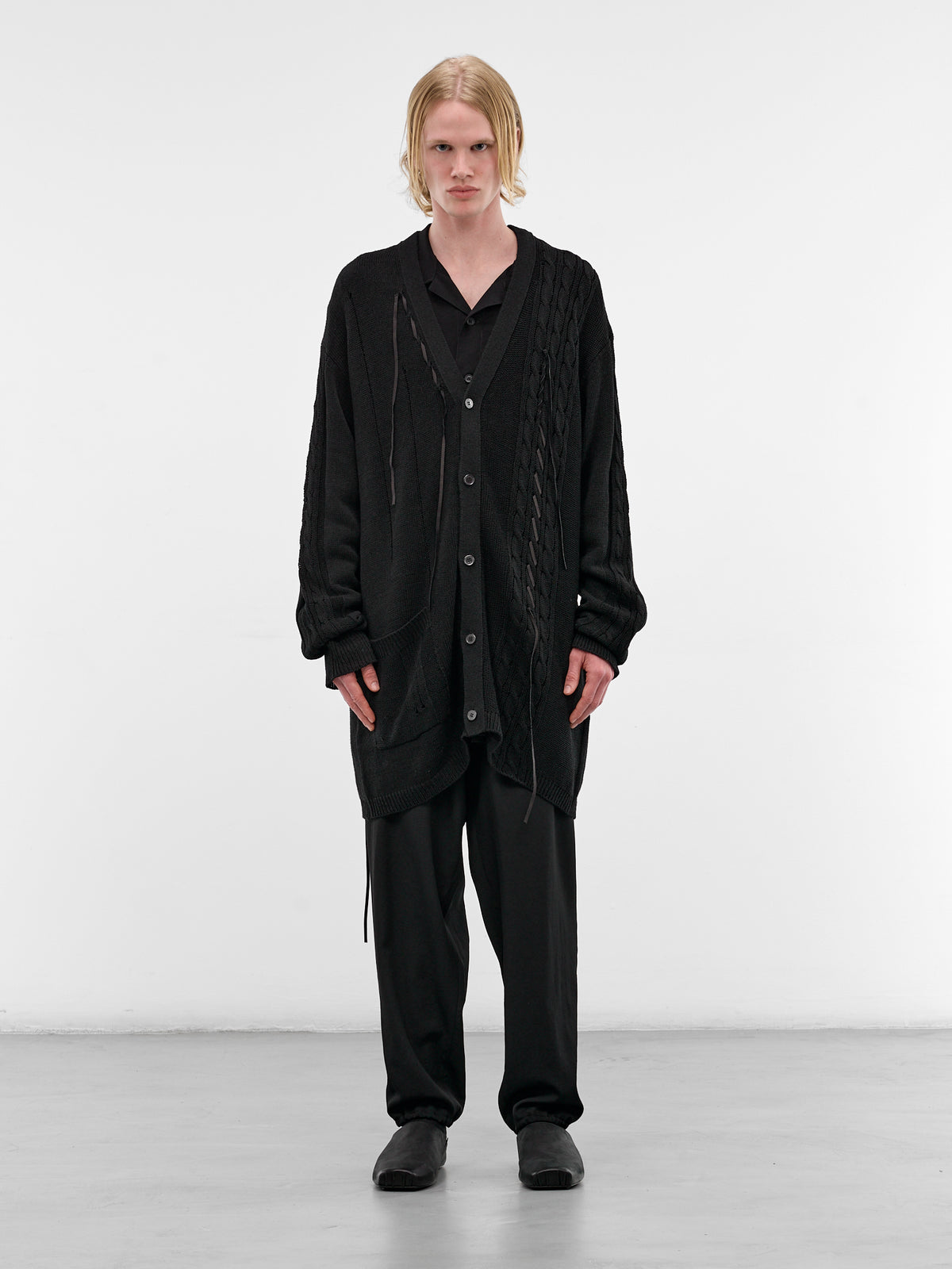 Black Laced Linen-Cotton Cardigan (HK-K375-374-1-BLACK