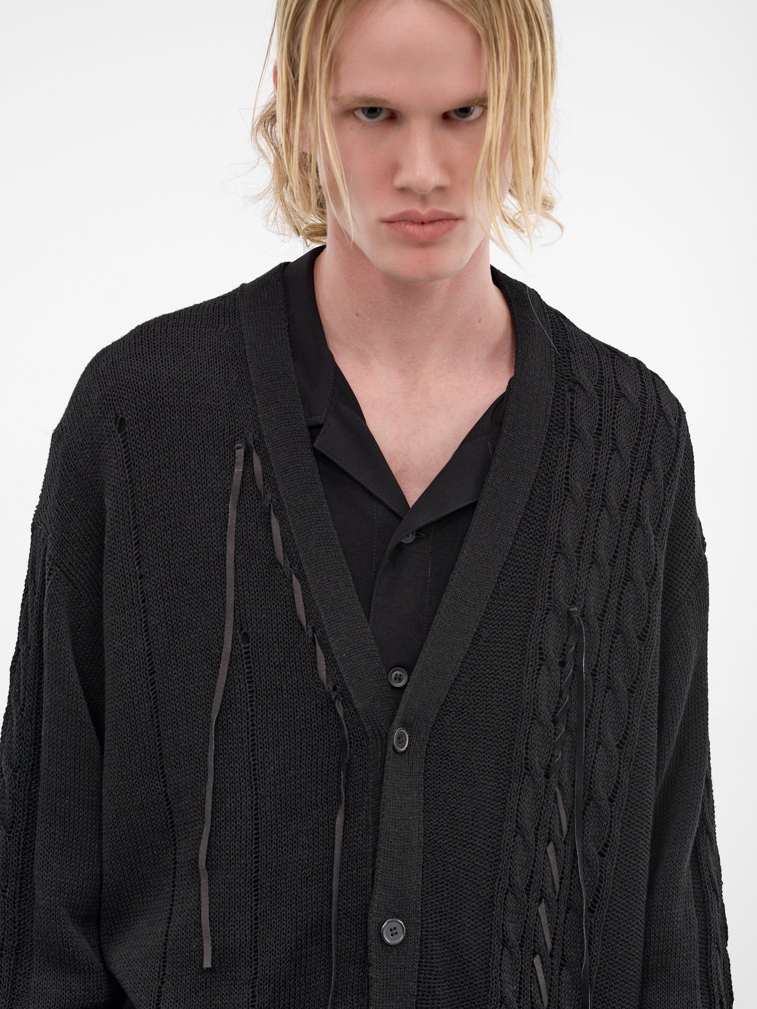 Black Laced Linen-Cotton Cardigan (HK-K375-374-1-BLACK