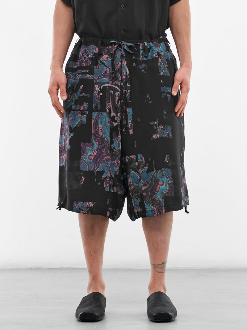 Black Silk Abstract Baggy Shorts (HK-P30-427-1-BLACK)