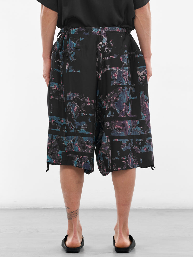 Black Silk Abstract Baggy Shorts (HK-P30-427-1-BLACK)