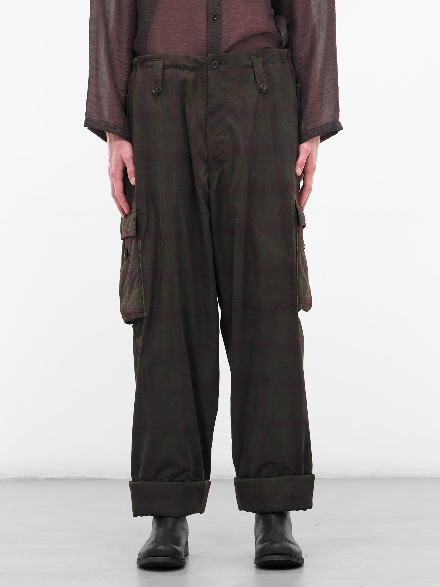 Black Wide Leg Plaid Cargos (HL-P61-015-1-BLACK)