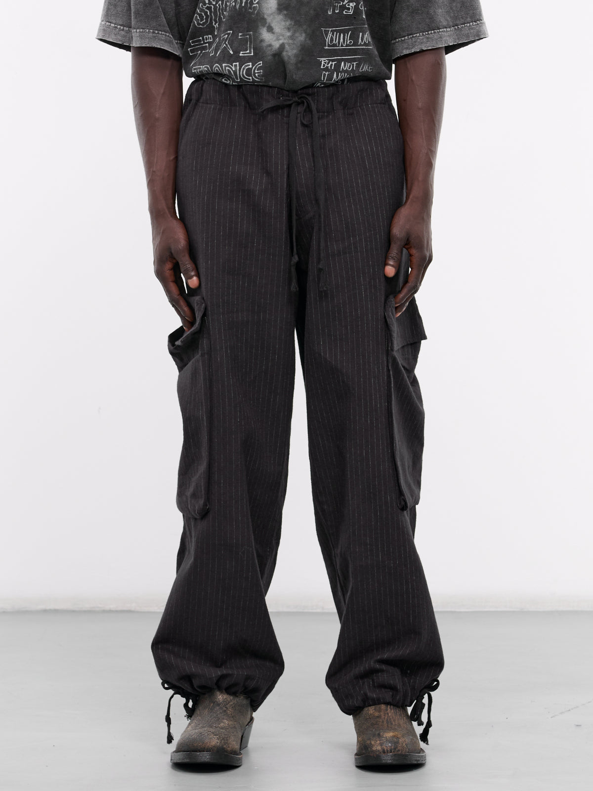 Wide Leg Pinstripe Trousers (HM202-BLACK)
