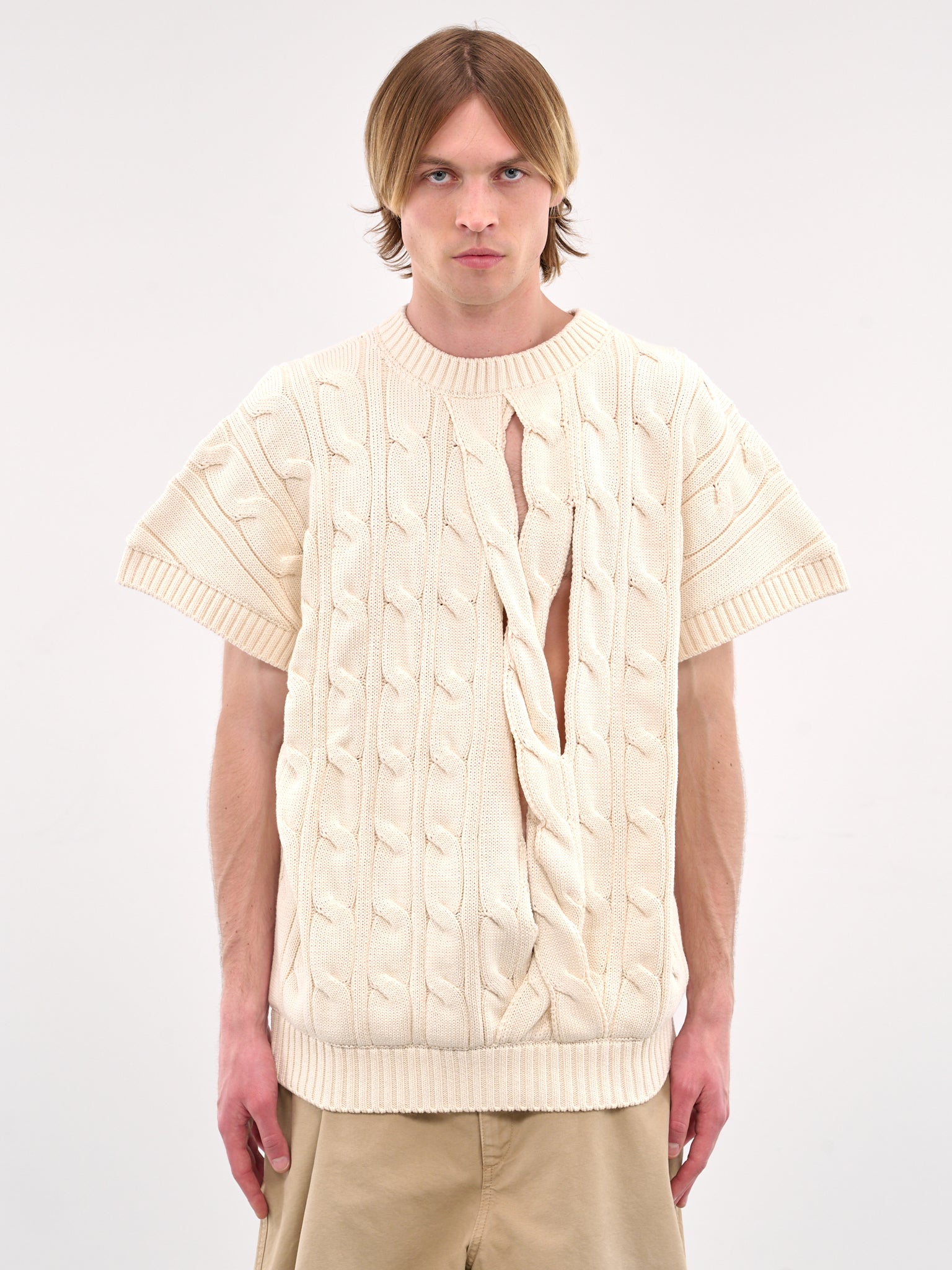 Slashed Short Sleeve Knit Sweater (HMMA75072A-NATURAL)