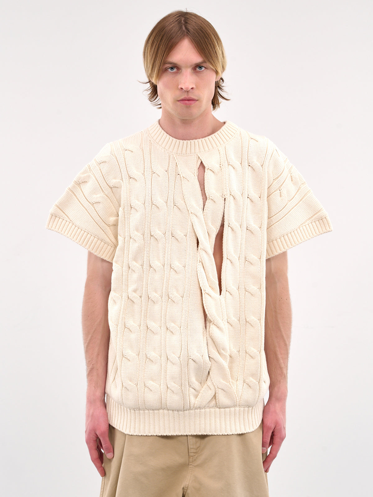 Slashed Short Sleeve Knit Sweater (HMMA75072A-NATURAL)