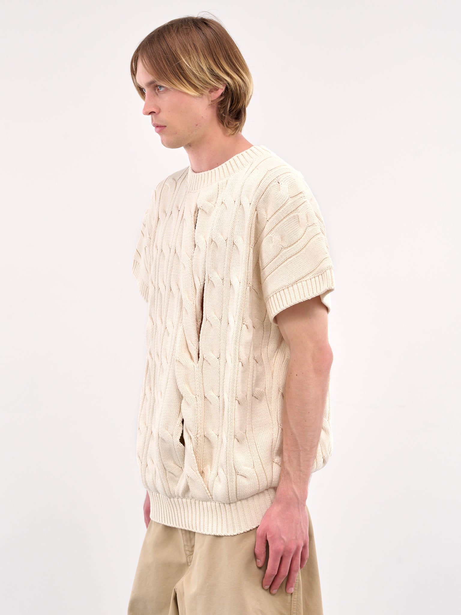 Slashed Short Sleeve Knit Sweater (HMMA75072A-NATURAL)