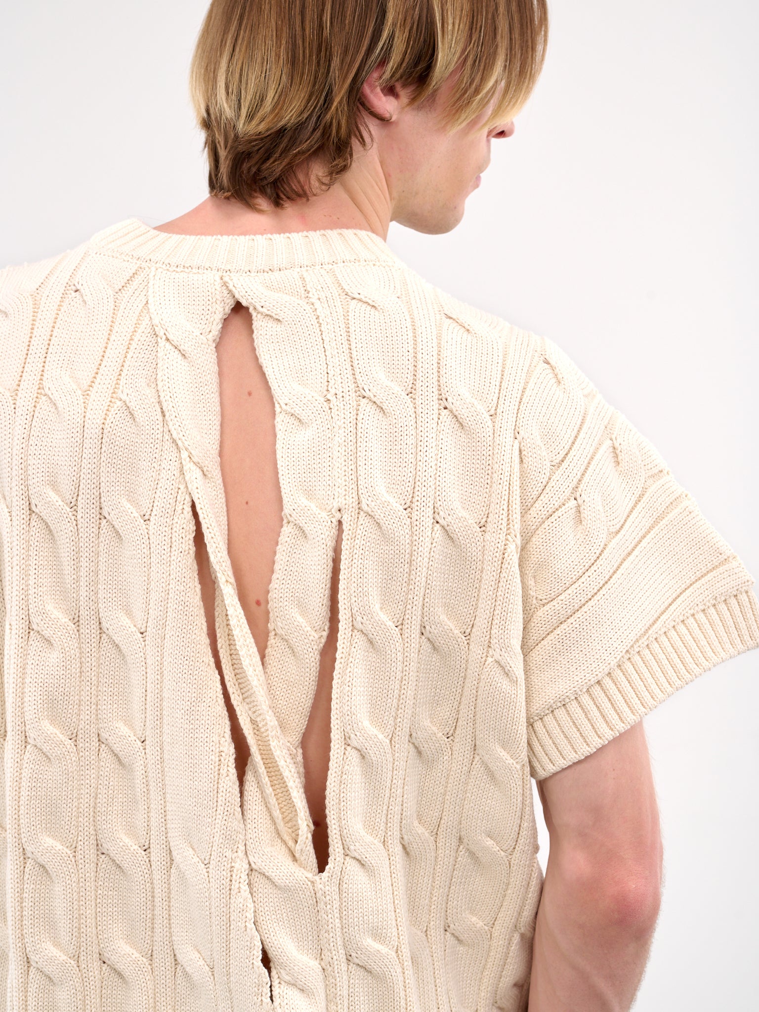 Slashed Short Sleeve Knit Sweater (HMMA75072A-NATURAL)
