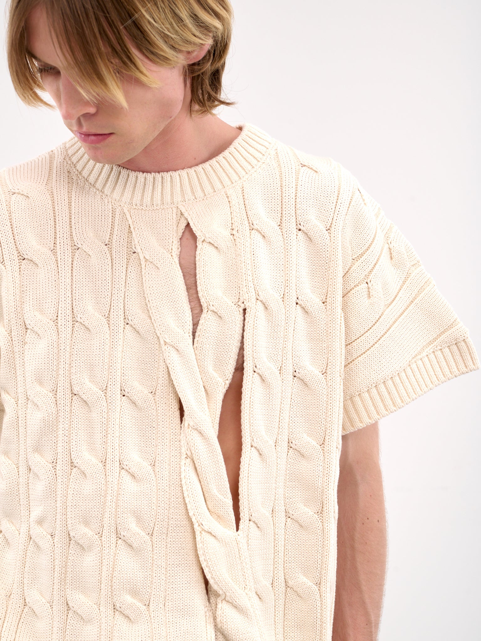Slashed Short Sleeve Knit Sweater (HMMA75072A-NATURAL)