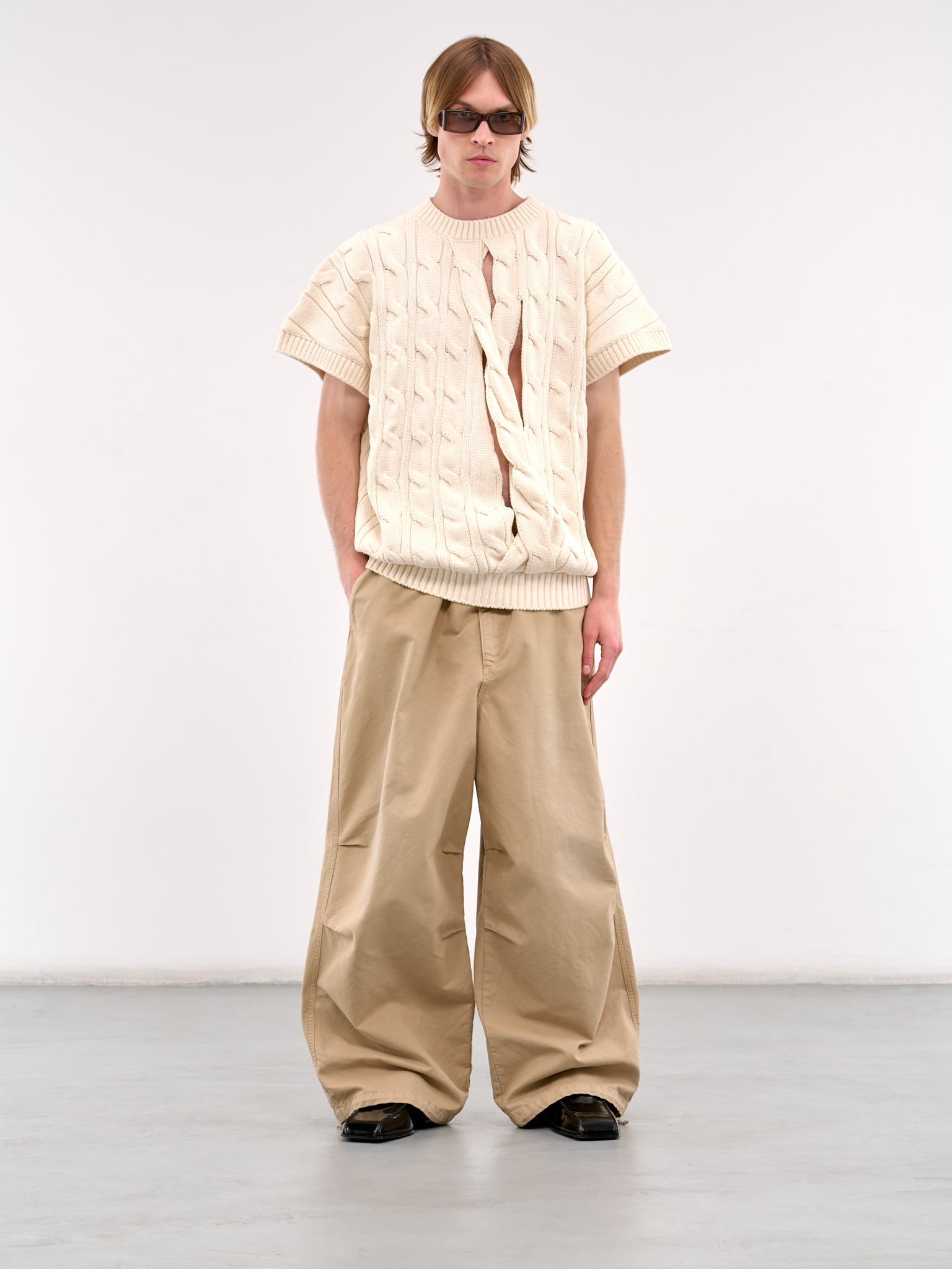Slashed Short Sleeve Knit Sweater (HMMA75072A-NATURAL)
