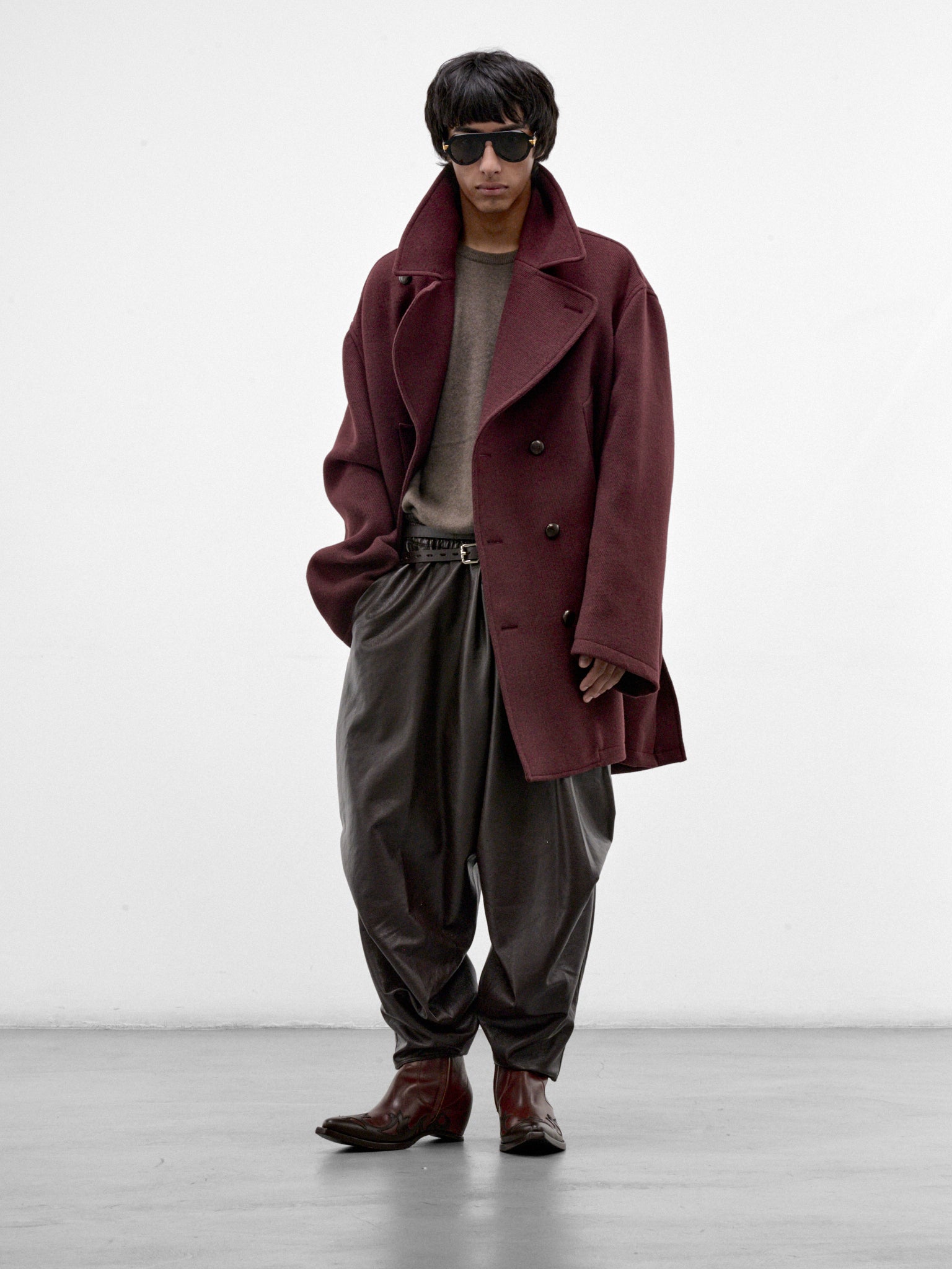 Burgundy Oversized Double-Breasted Coat (HMMD10075A-DARK-RED)