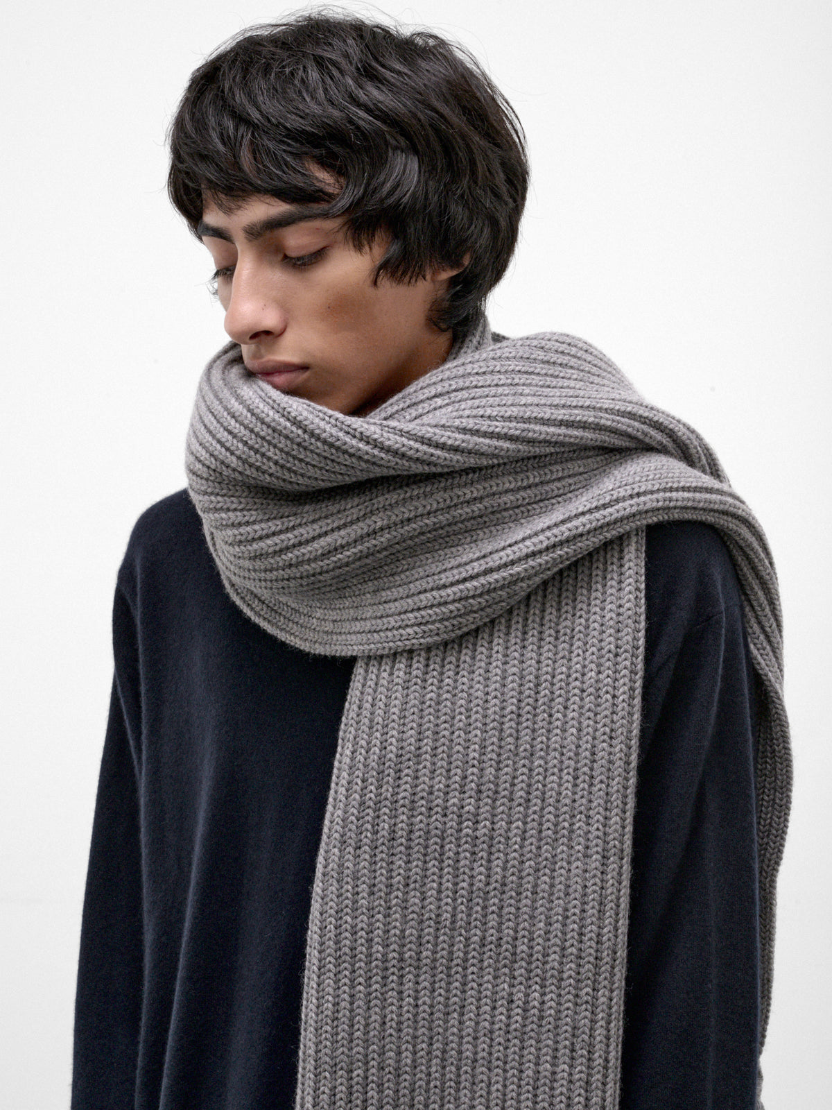 Gray Wool Knit Long Scarf (HMMD77017A-MEDIUM-GREY)