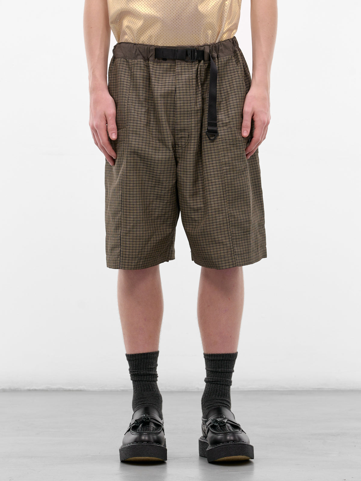 Khaki Plaid Belted Shorts (HQ-P027-S26-KHAKI)