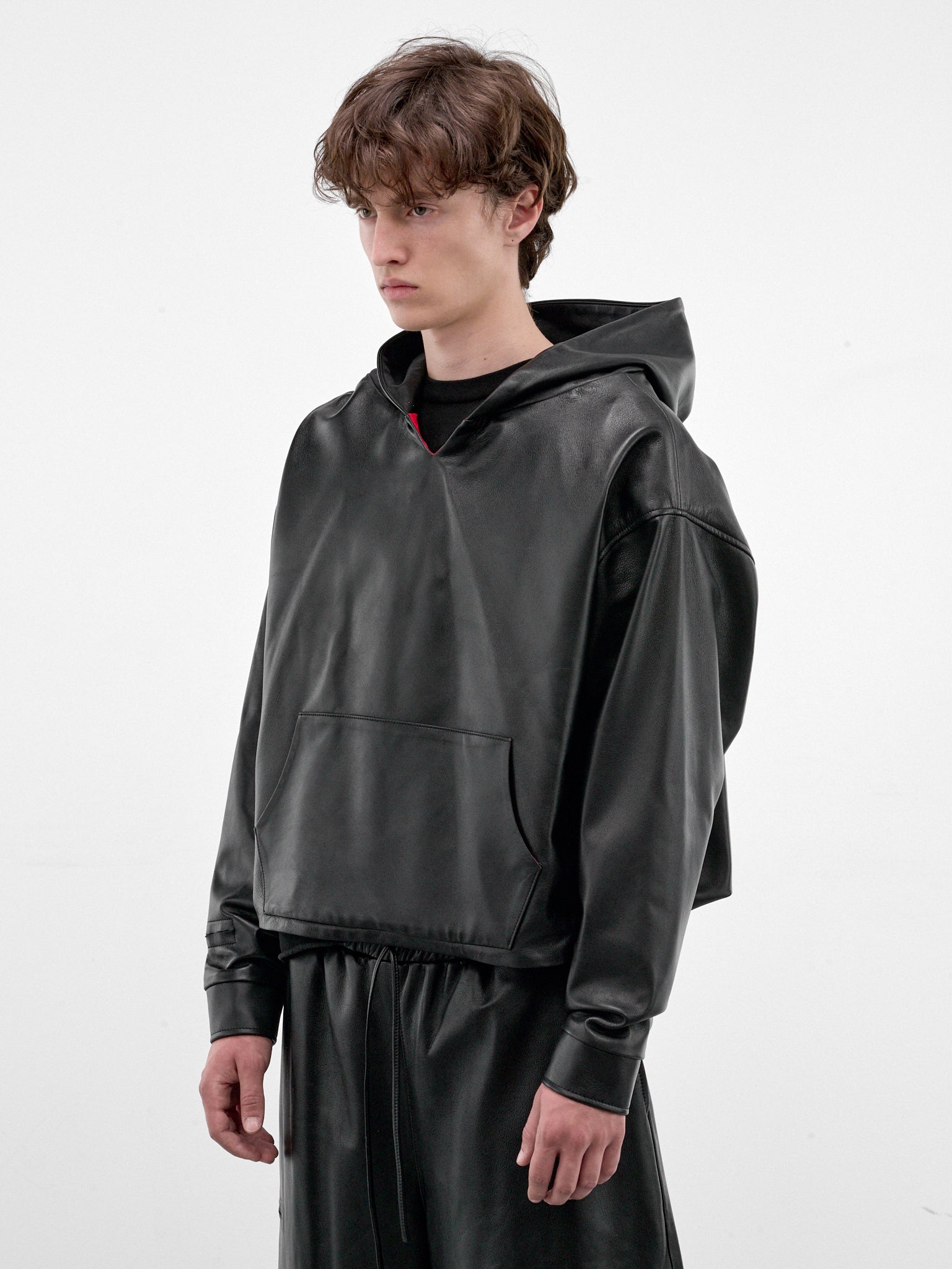 Black Boxy Leather Hoodie (HR10408-BLACK)