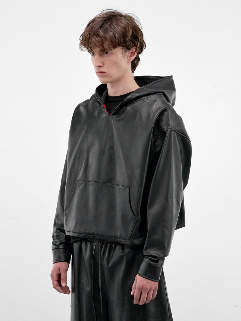 Black Boxy Leather Hoodie (HR10408-BLACK)