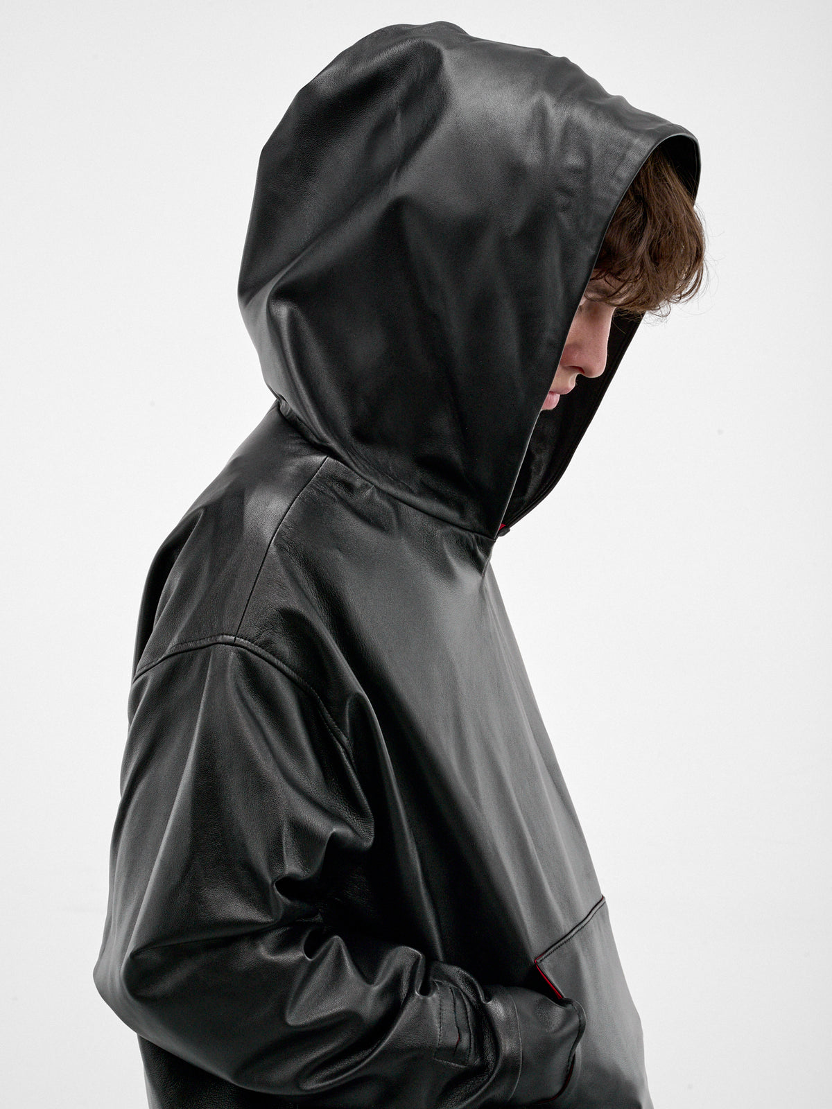 Black Boxy Leather Hoodie (HR10408-BLACK)