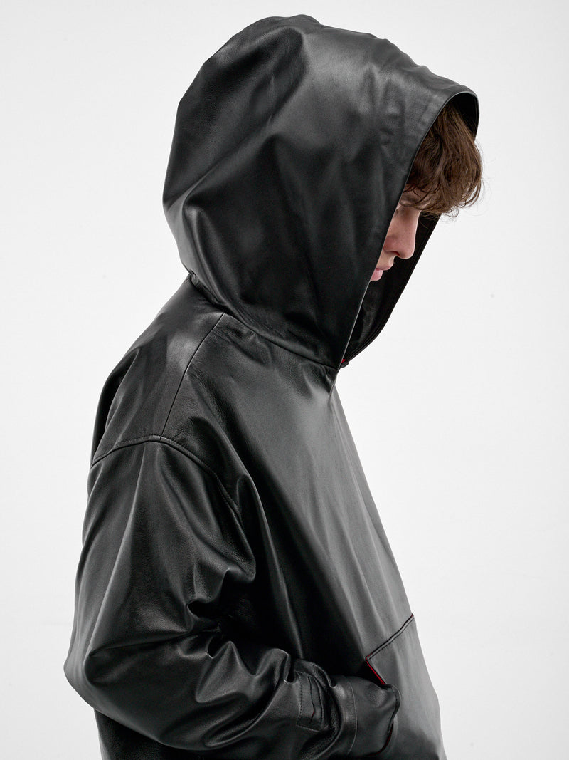 Black Boxy Leather Hoodie (HR10408-BLACK)