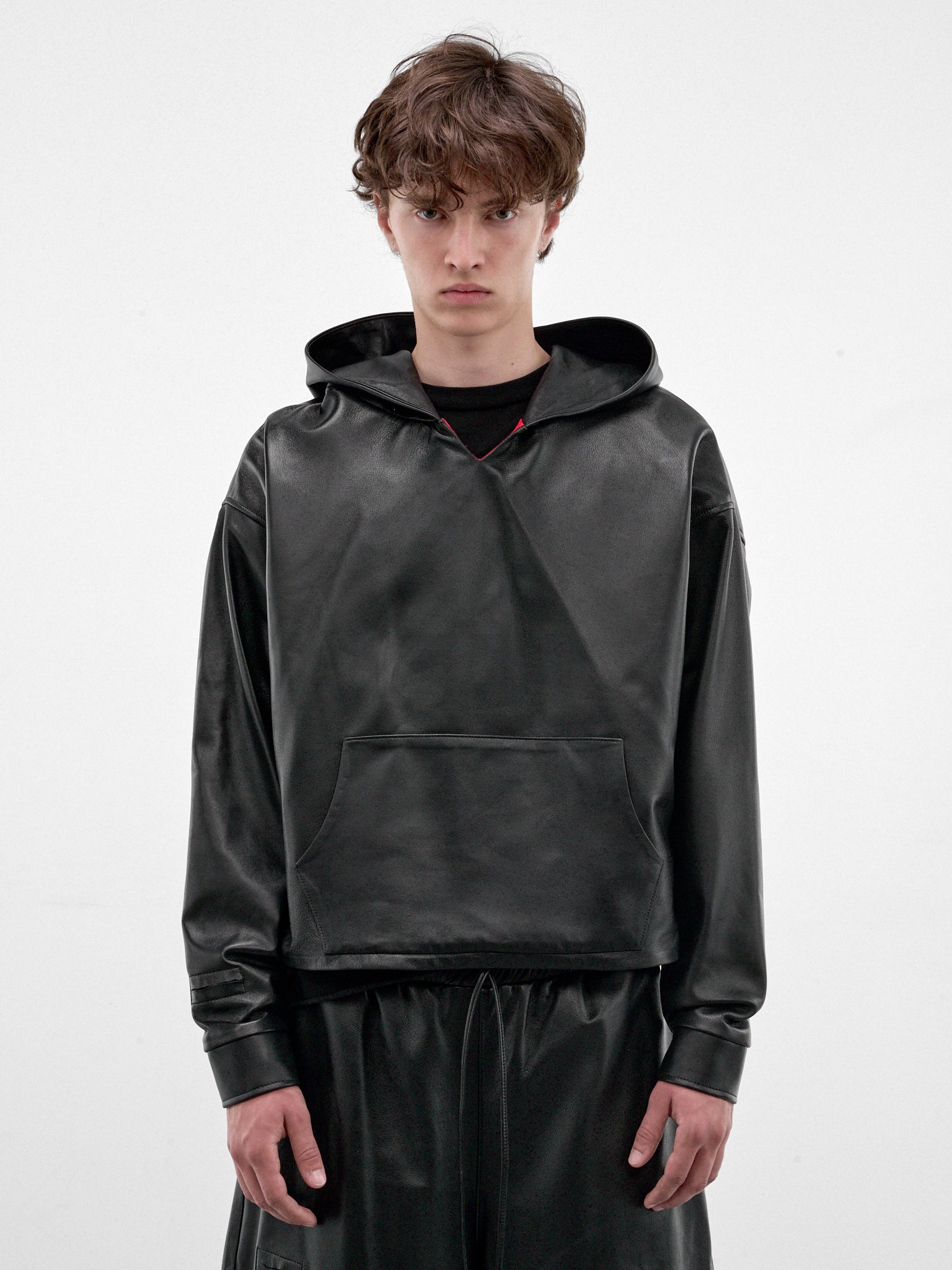 Black Boxy Leather Hoodie (HR10408-BLACK)
