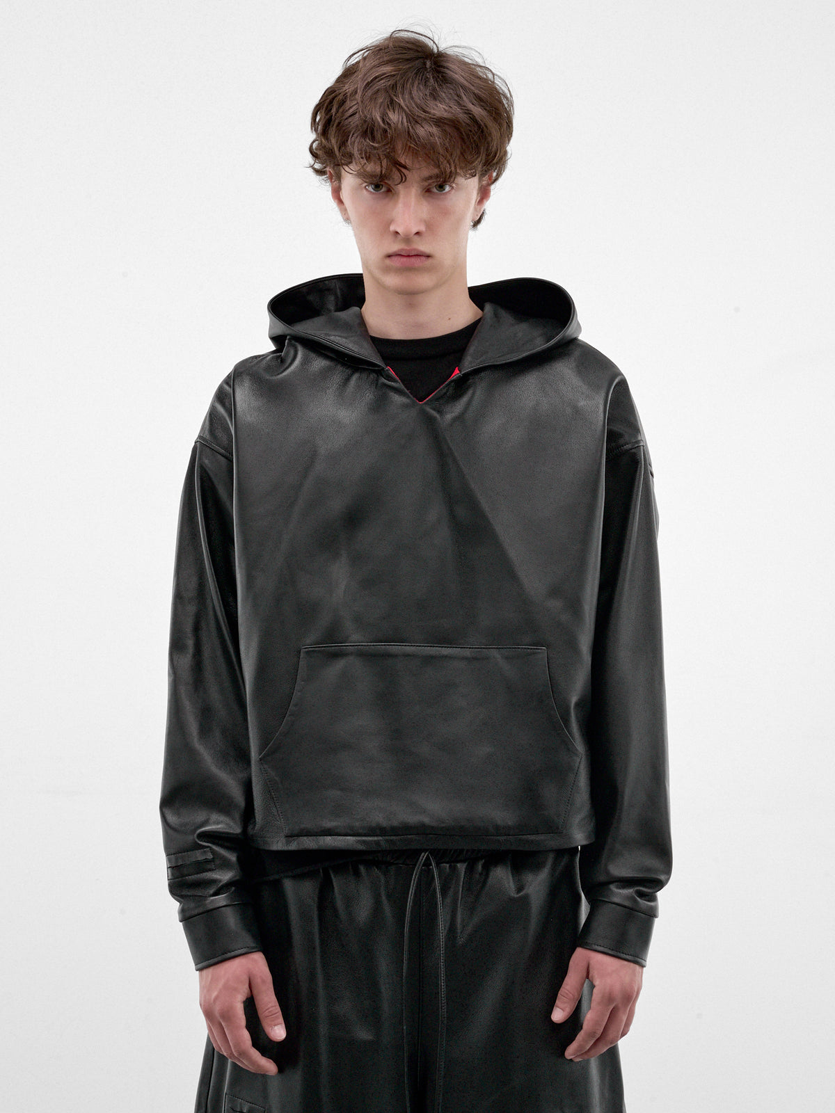 Black Boxy Leather Hoodie (HR10408-BLACK)