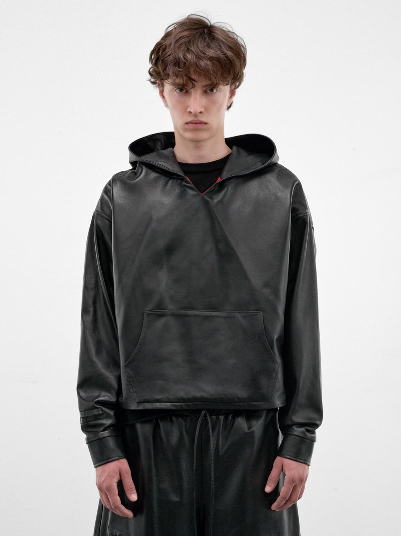 Black Boxy Leather Hoodie (HR10408-BLACK)