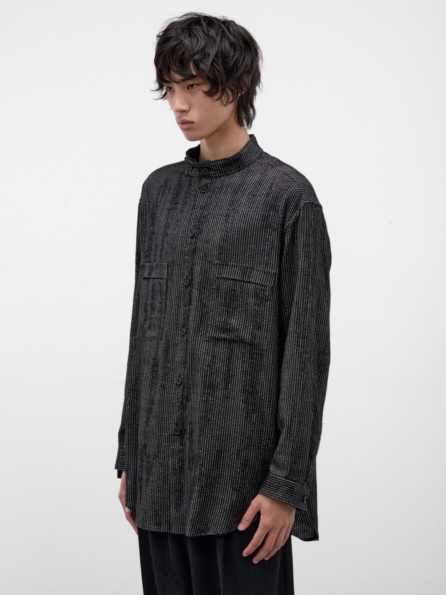 Black Stand Collar Striped Shirt (HW-B18-203-1-BLACK)