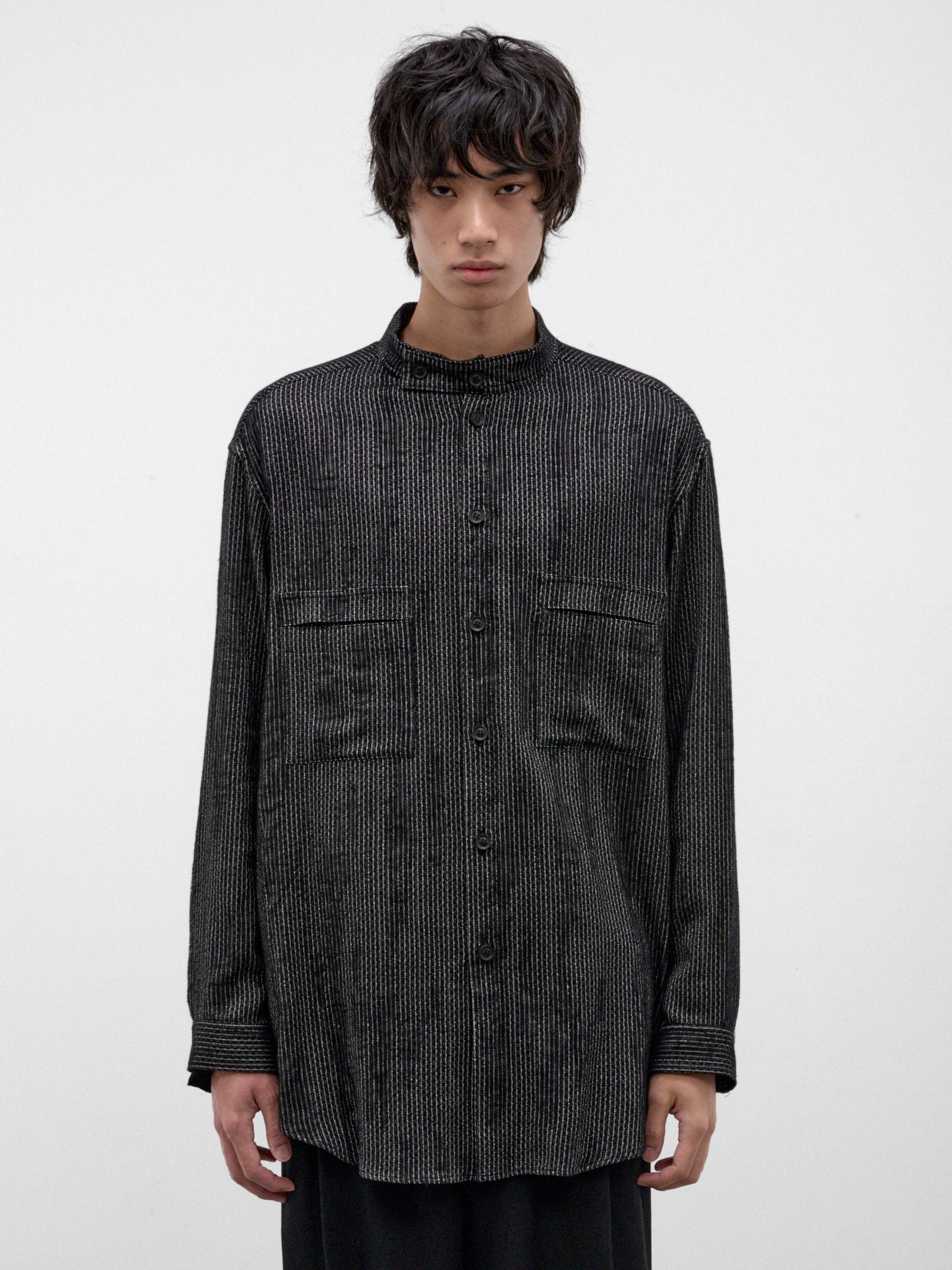 Black Stand Collar Striped Shirt (HW-B18-203-1-BLACK)