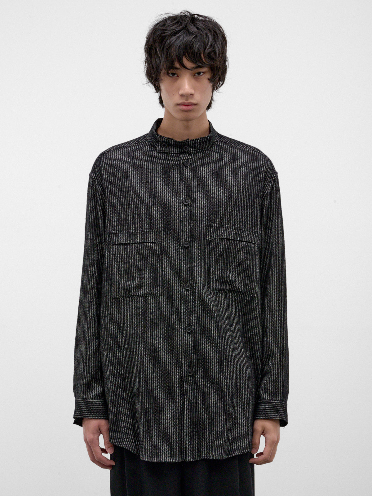 Black Stand Collar Striped Shirt (HW-B18-203-1-BLACK)