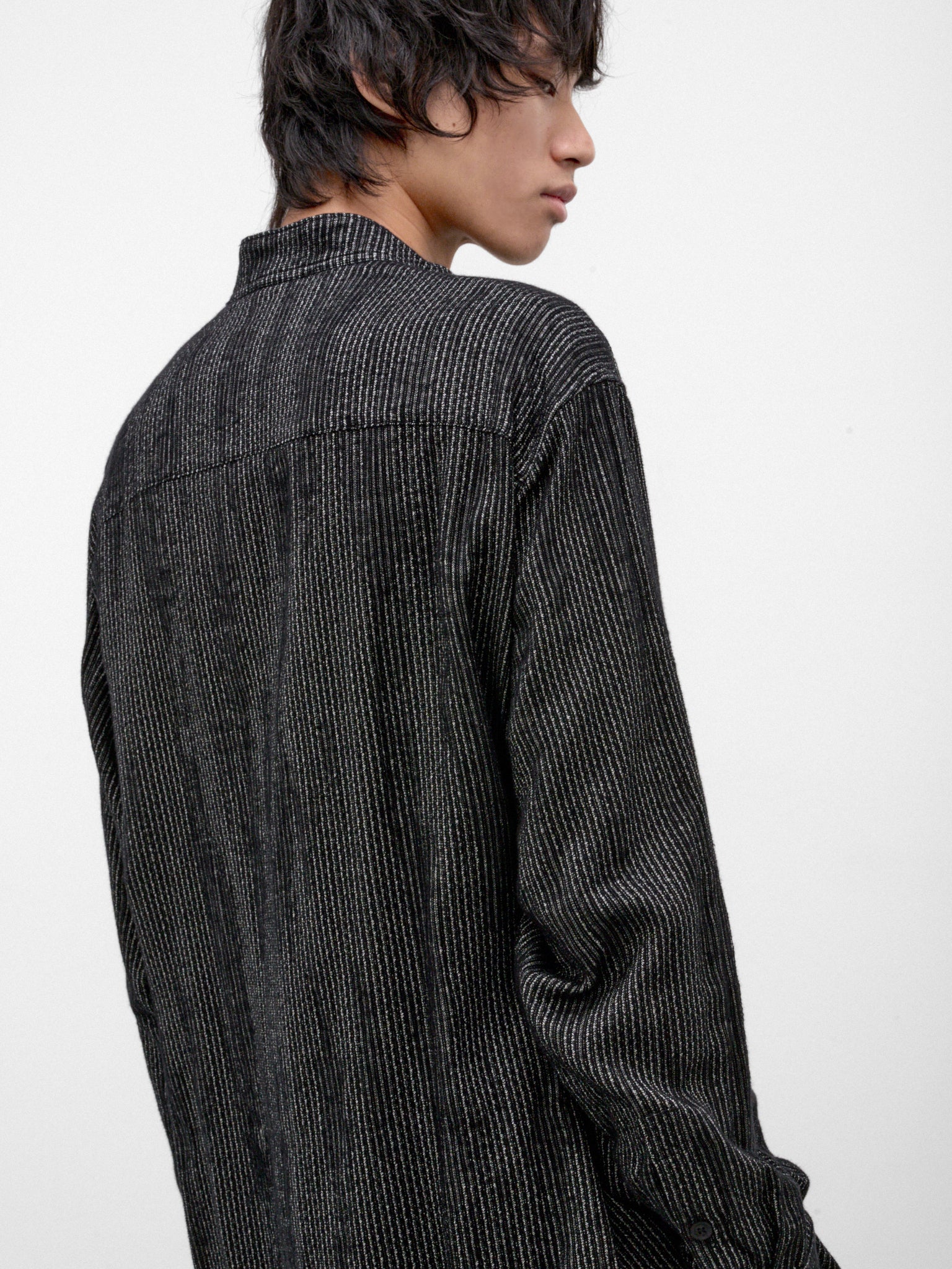 Black Stand Collar Striped Shirt (HW-B18-203-1-BLACK)