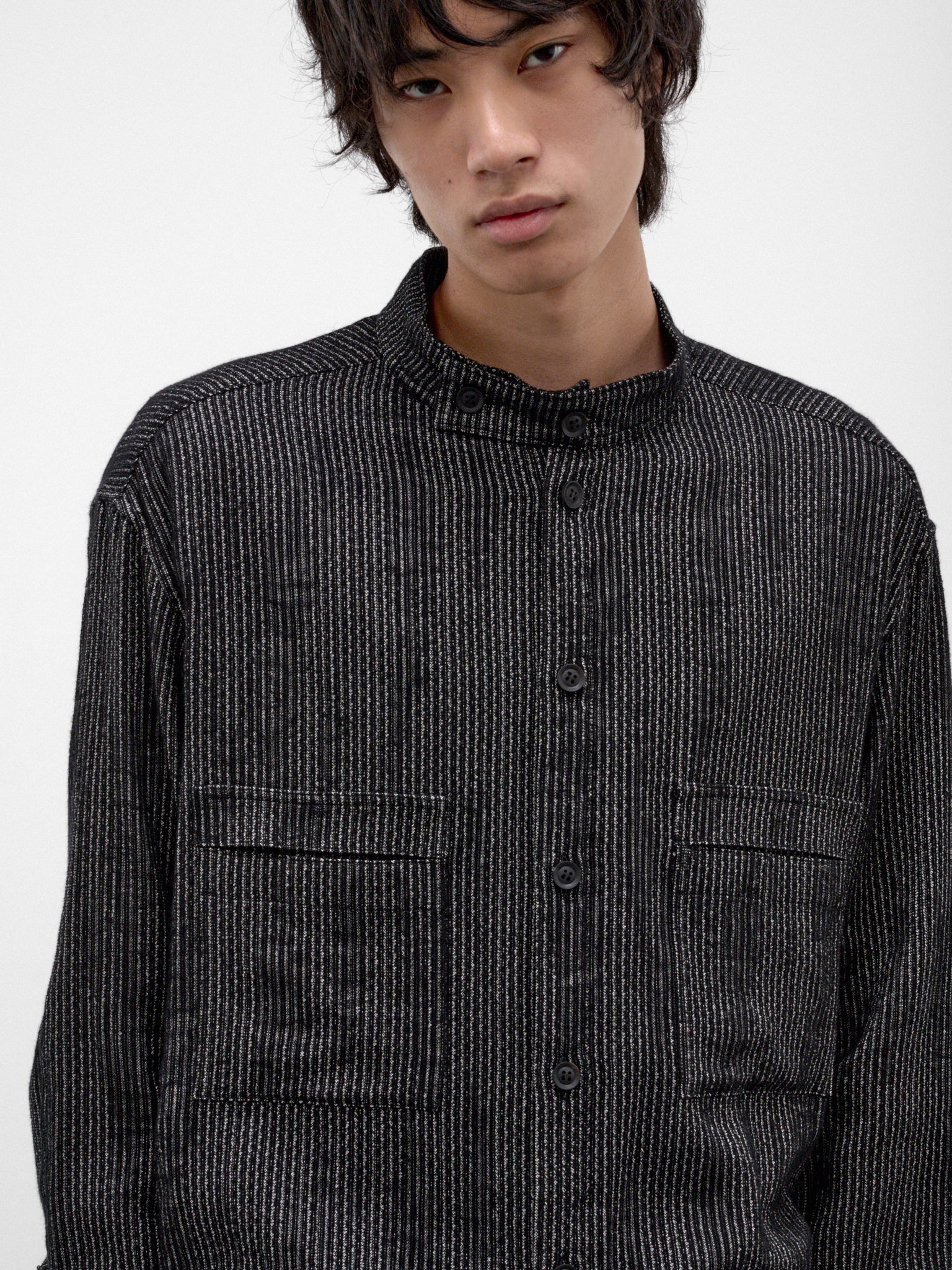 Black Stand Collar Striped Shirt (HW-B18-203-1-BLACK)