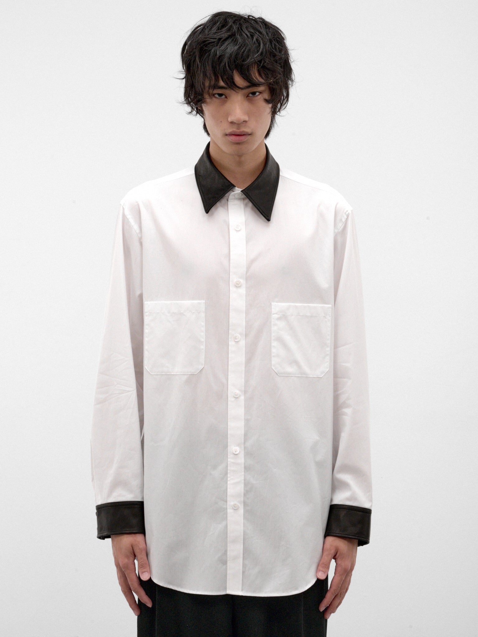 White Contrast Leather Shirt (HW-B59-831-1-WHITE-BLACK)