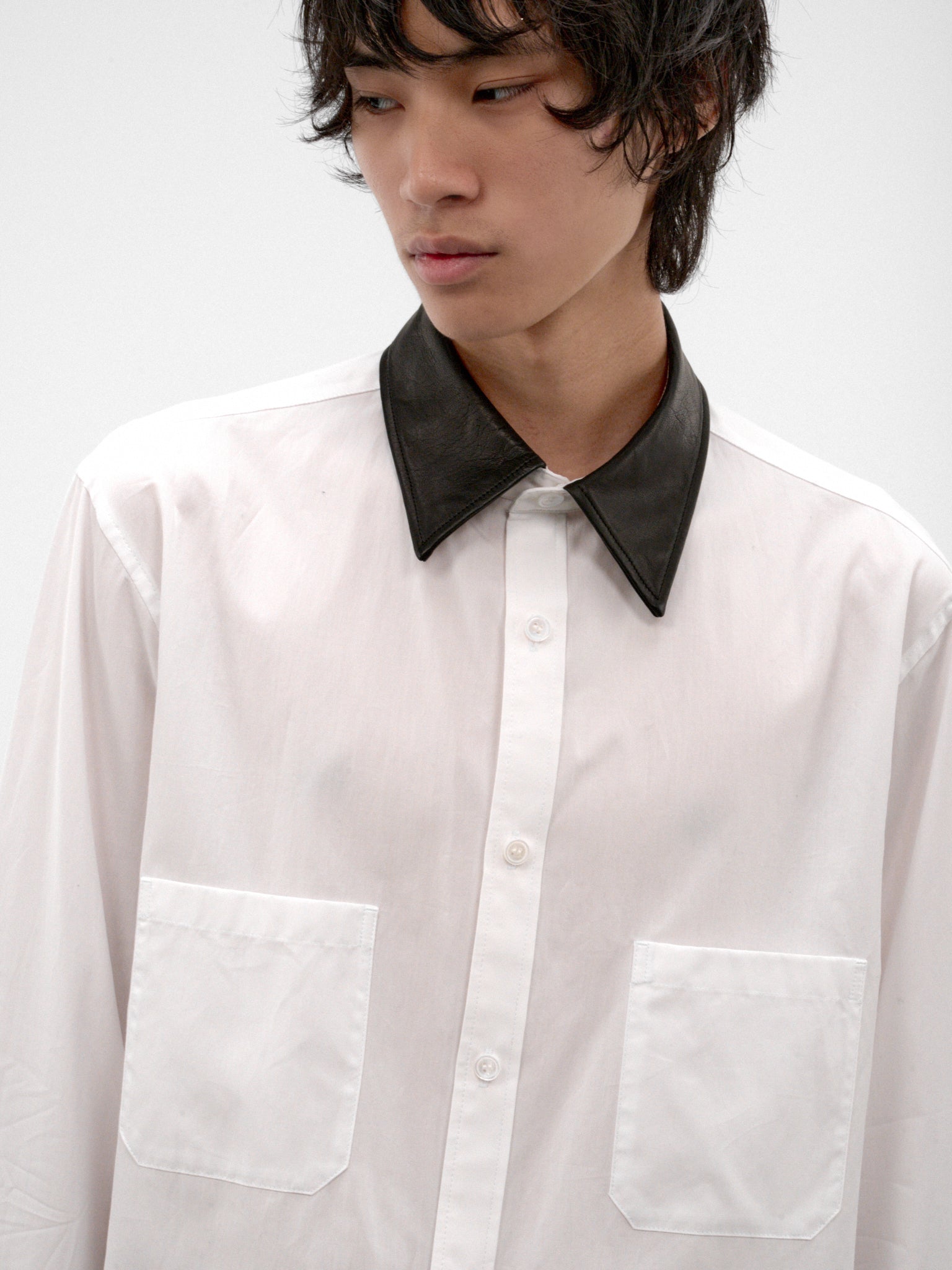 White Contrast Leather Shirt (HW-B59-831-1-WHITE-BLACK)