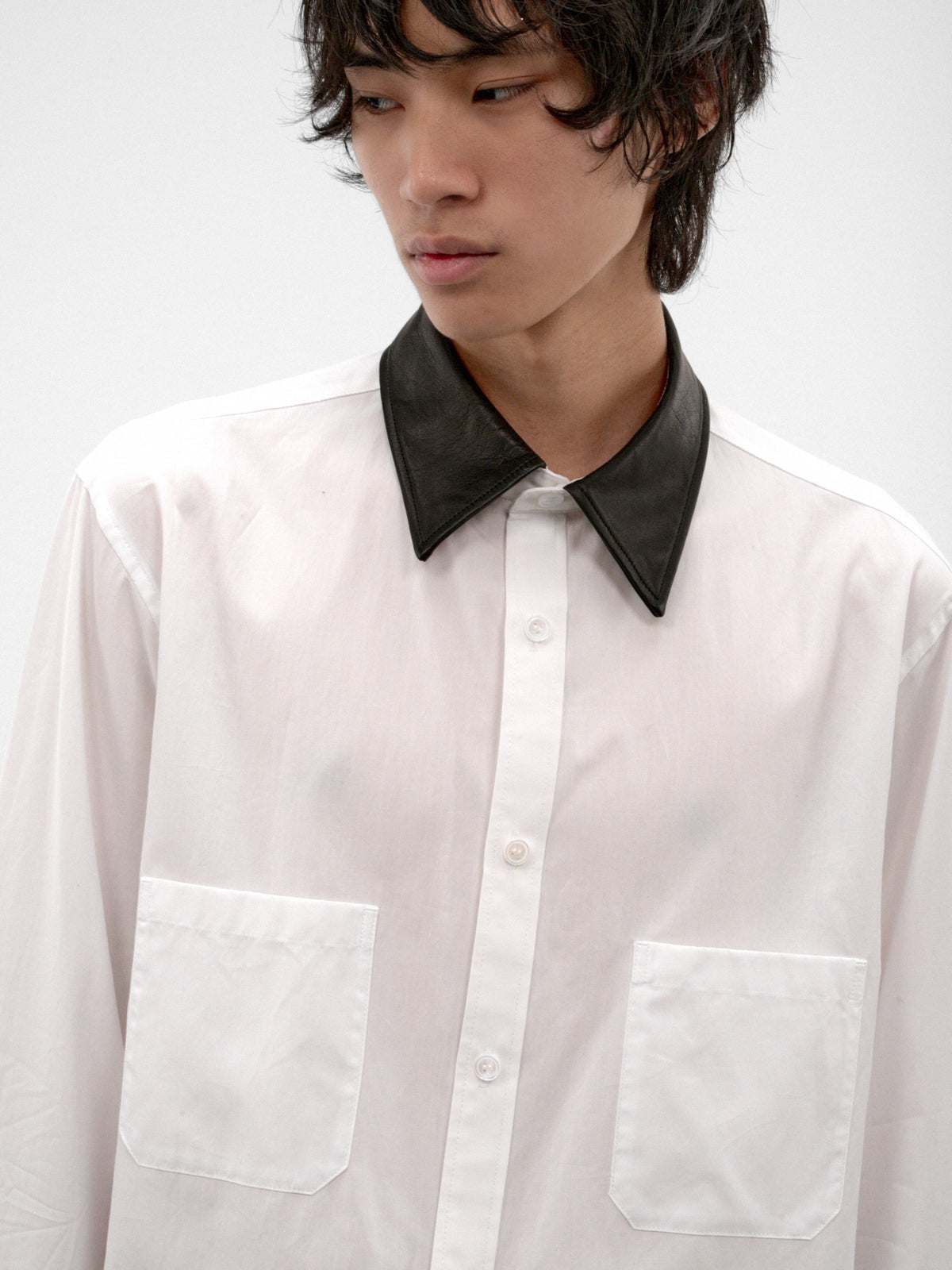 White Contrast Leather Shirt (HW-B59-831-1-WHITE-BLACK)