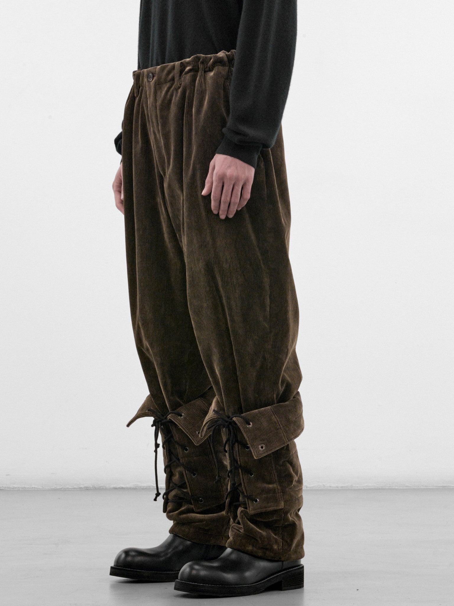 Brown Corduroy Lace-Up Trousers (HW-P45-043-1-BLACK)