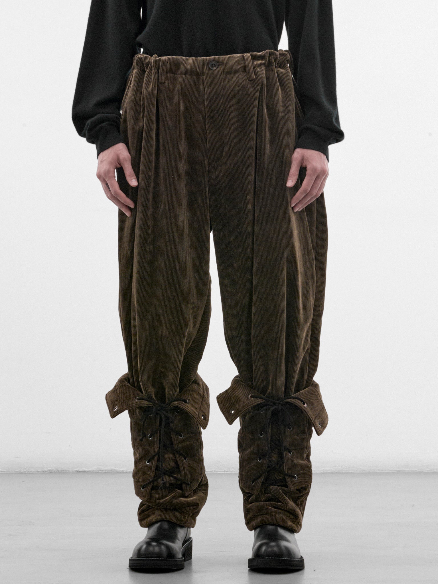 Brown Corduroy Lace-Up Trousers (HW-P45-043-1-BLACK)