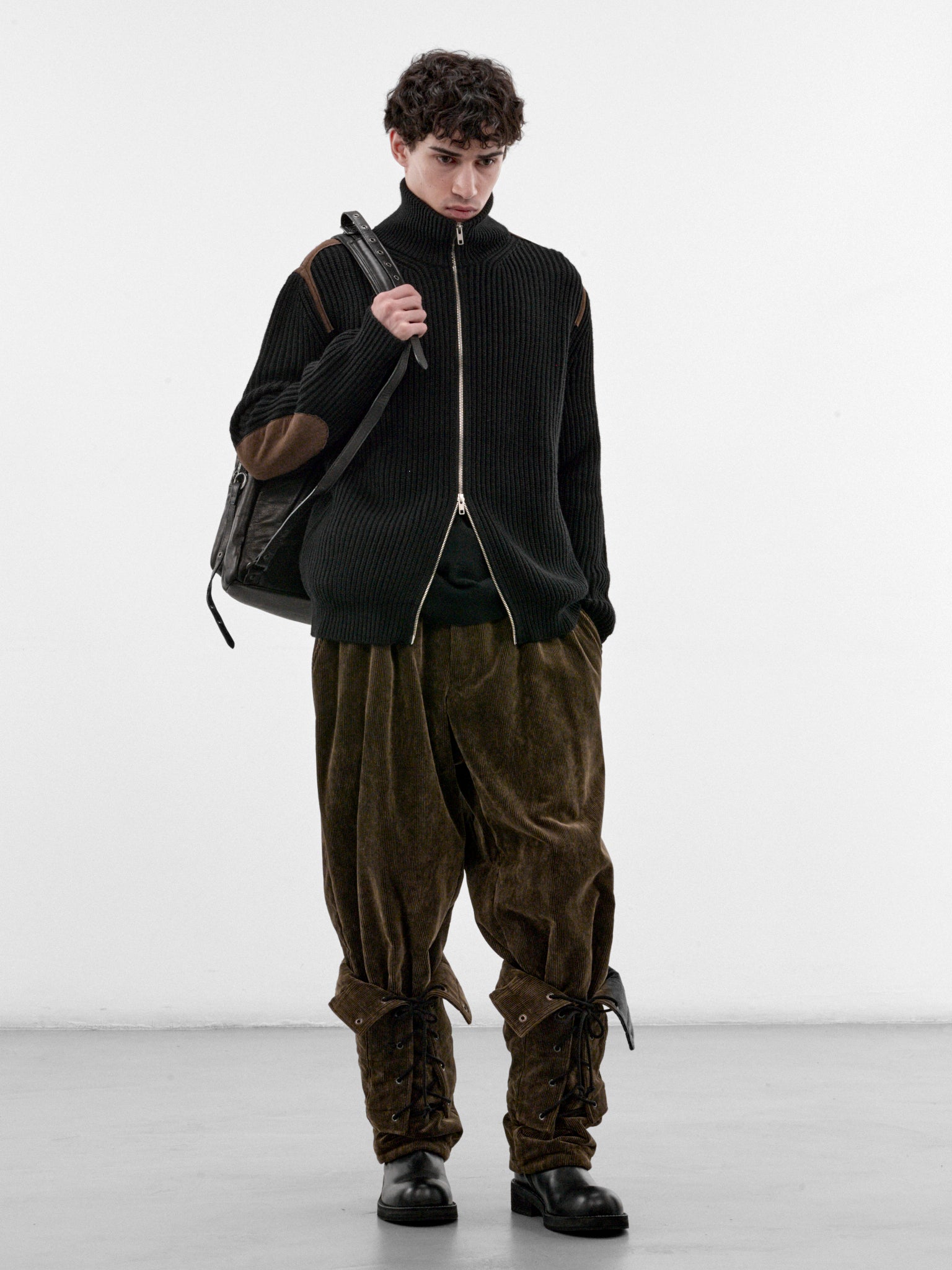 Brown Corduroy Lace-Up Trousers (HW-P45-043-1-BLACK)