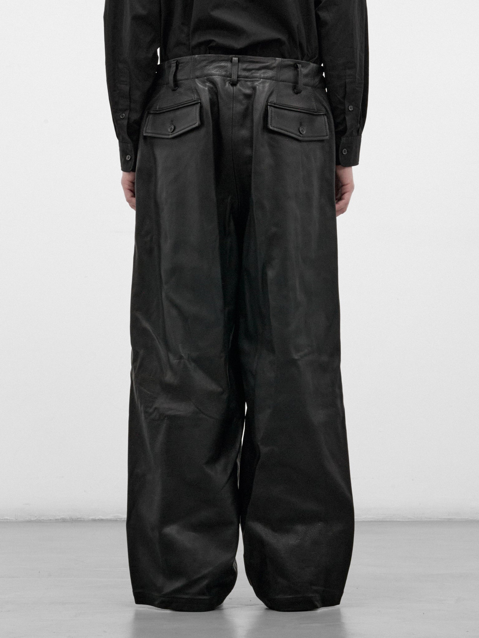 Black Leather Pleated Wide Trousers (HW-P98-703-BLACK)