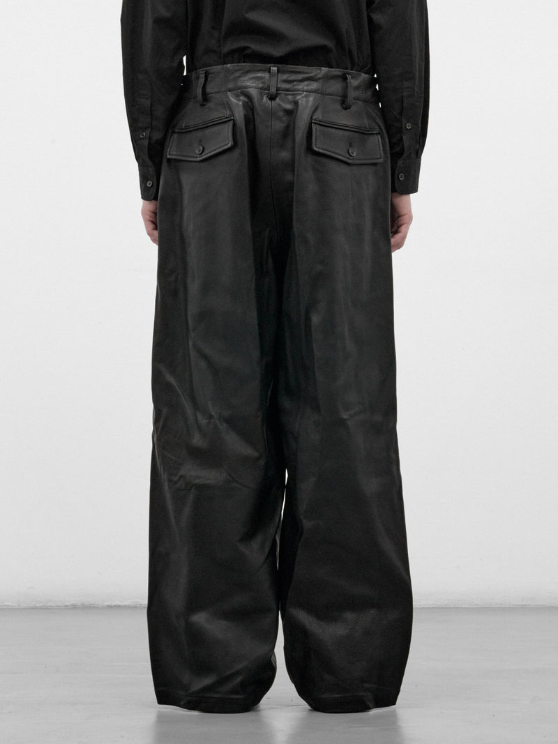 Black Leather Pleated Wide Trousers (HW-P98-703-BLACK)