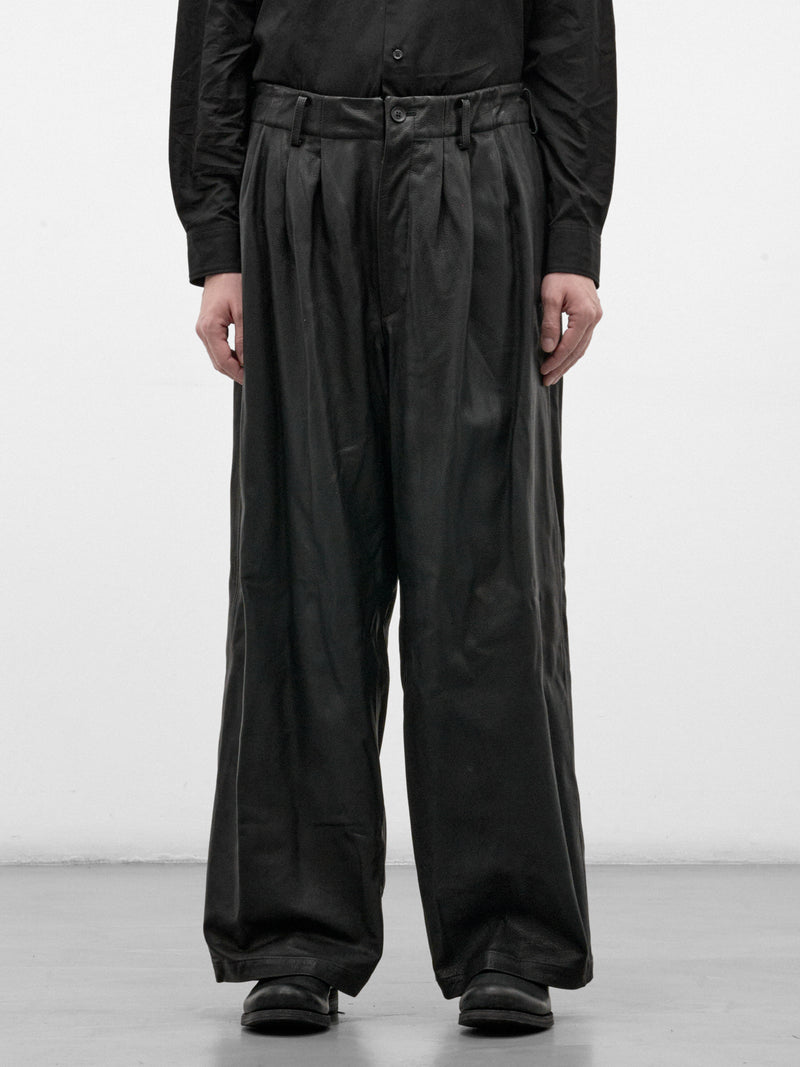 Black Leather Pleated Wide Trousers (HW-P98-703-BLACK)
