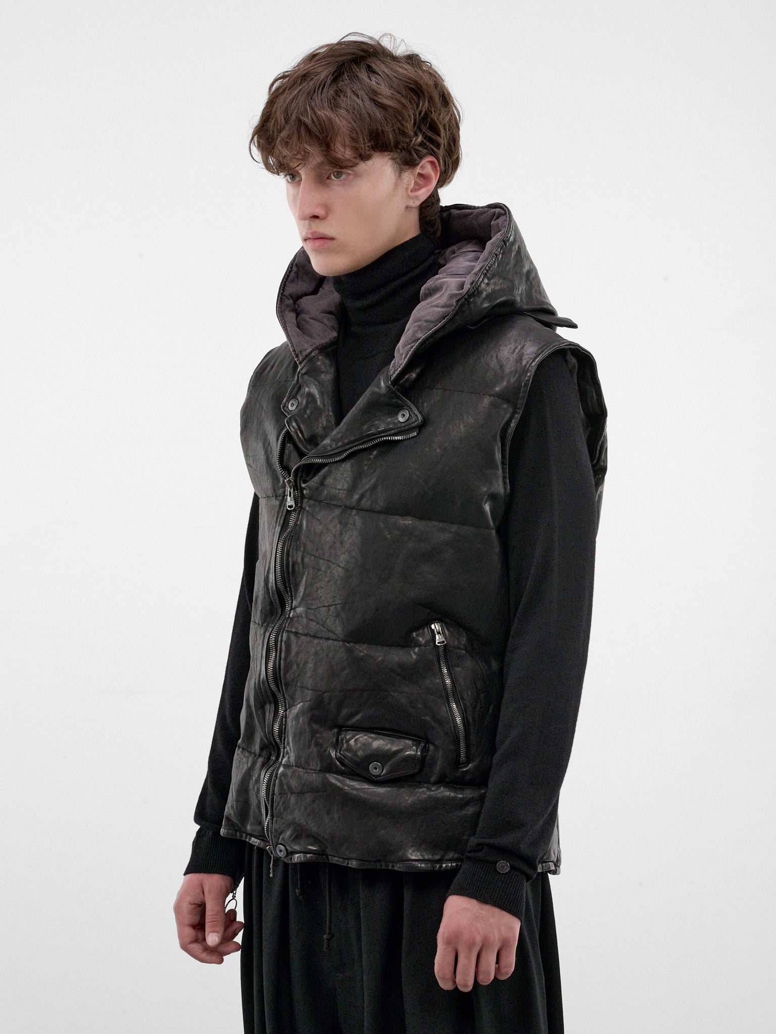Black Leather Hooded Puffer Vest (HW-V99-700-1-BLACK)
