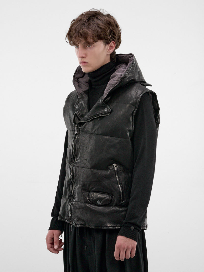 Black Leather Hooded Puffer Vest (HW-V99-700-1-BLACK)