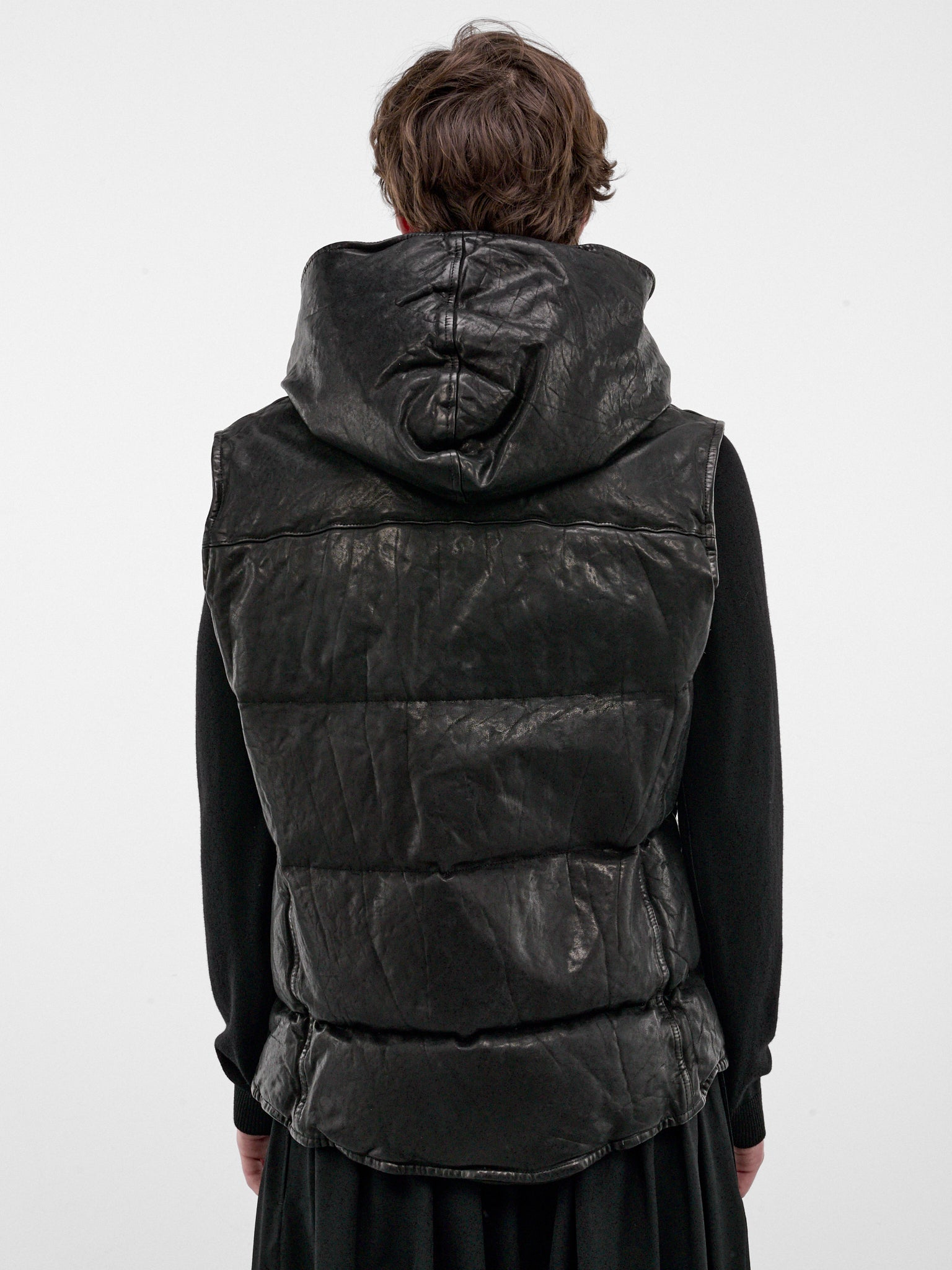 Black Leather Hooded Puffer Vest (HW-V99-700-1-BLACK)