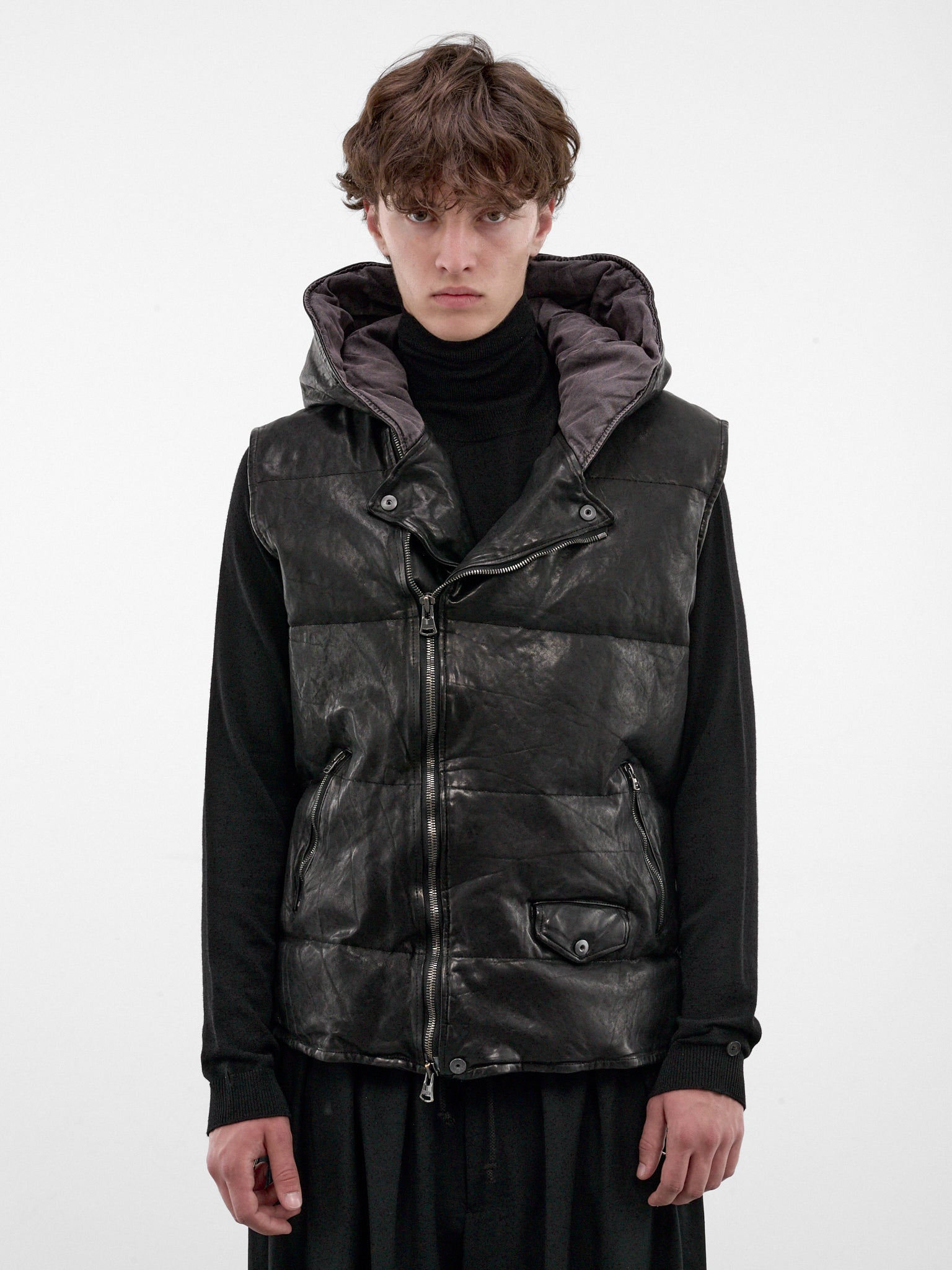 Black Leather Hooded Puffer Vest (HW-V99-700-1-BLACK)