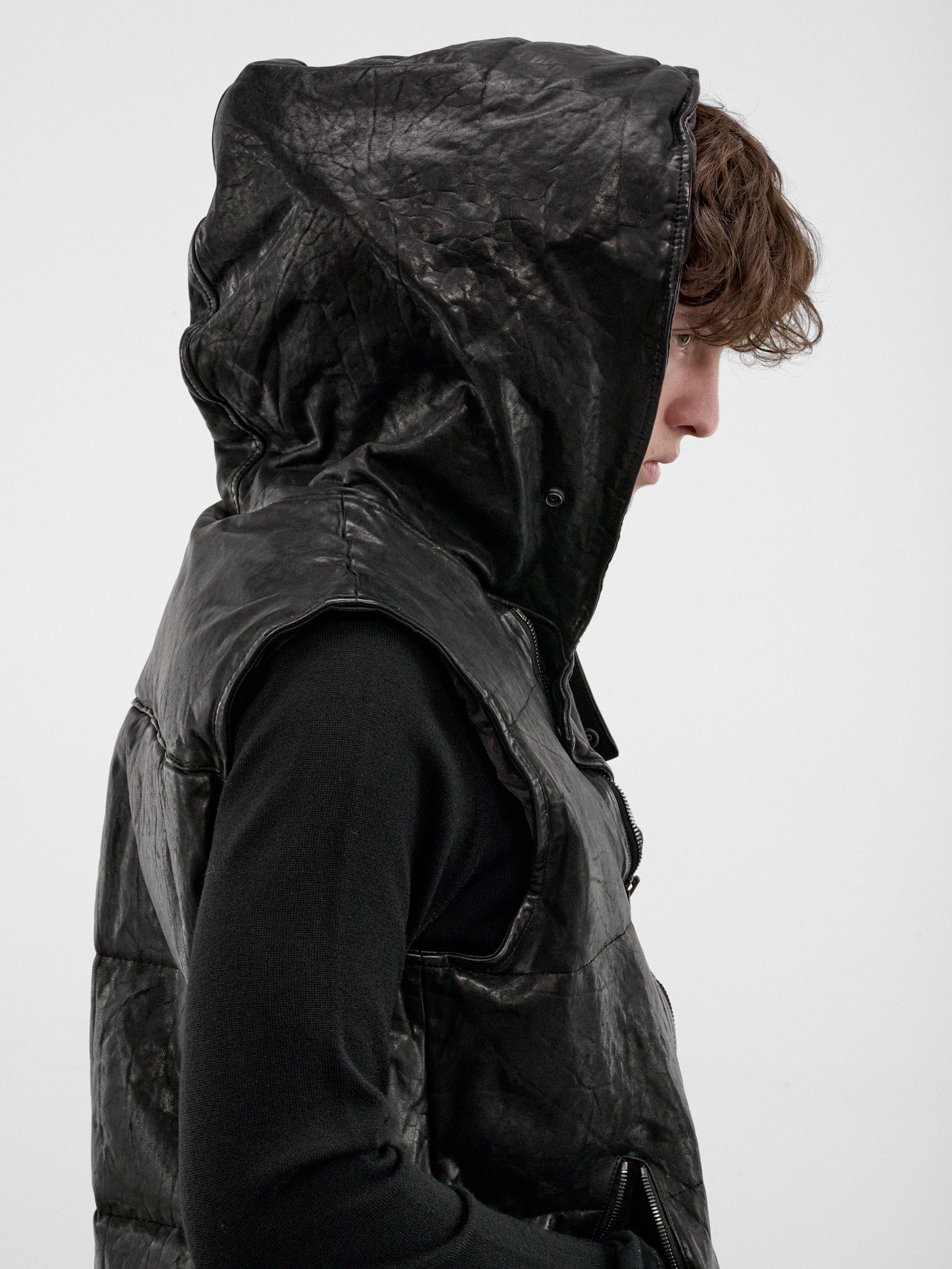 Black Leather Hooded Puffer Vest (HW-V99-700-1-BLACK)
