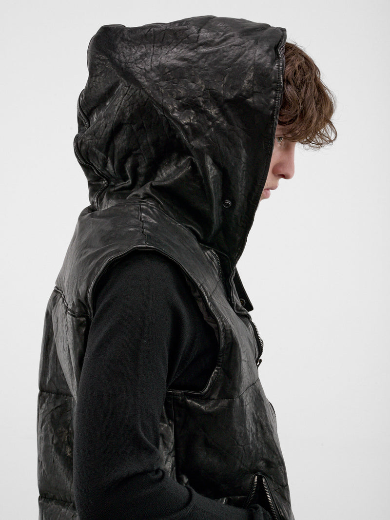 Black Leather Hooded Puffer Vest (HW-V99-700-1-BLACK)
