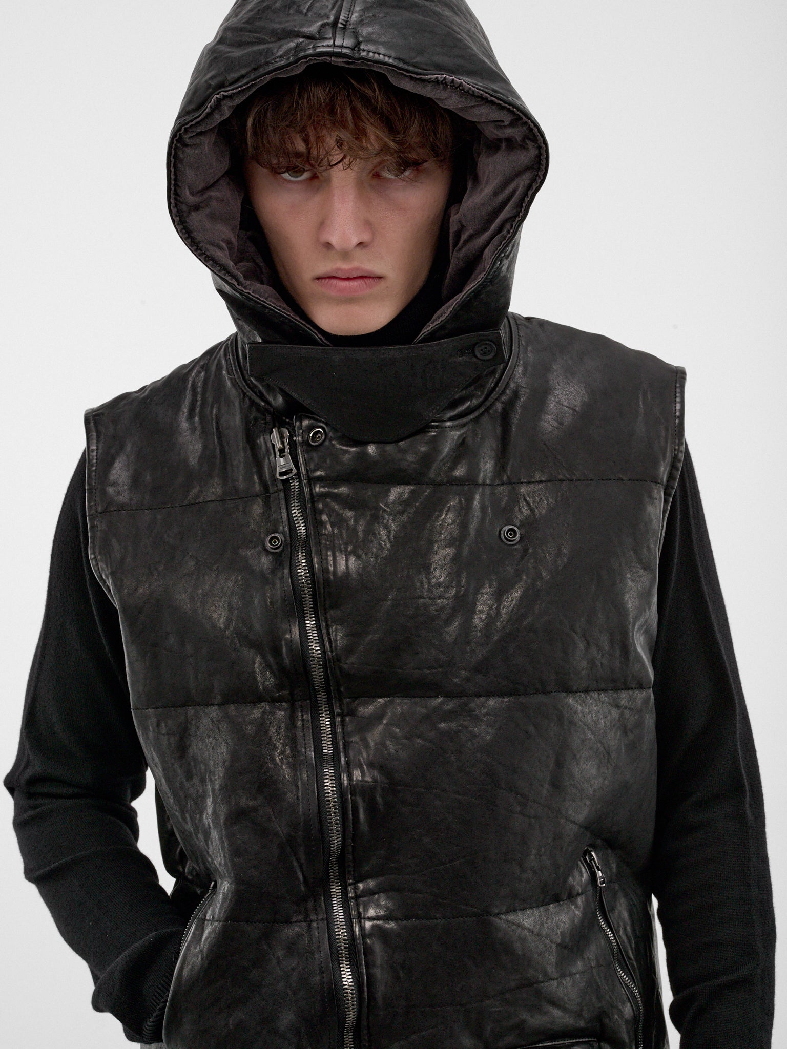 Black Leather Hooded Puffer Vest (HW-V99-700-1-BLACK)