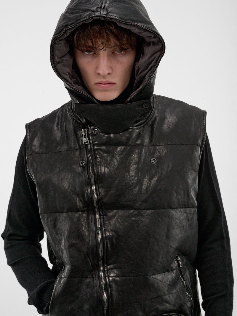 Black Leather Hooded Puffer Vest (HW-V99-700-1-BLACK)